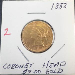 1882 Coronet Head $5.00 gold coin .2419 oz
