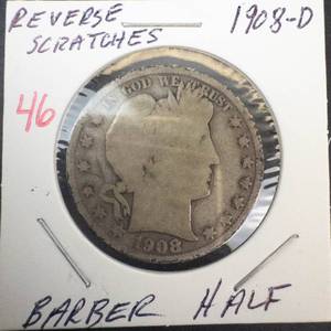 1908-D Barber Half Dollar, reverse scratches