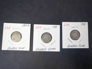 3 Barber Dimes 1907-D, 1910, 1915