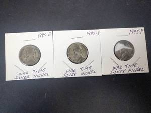 1945 P,D,S silver war Nickels