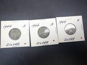 1944 P,D,S, silver war Nickels
