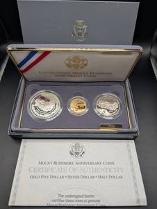 Mount Rushmore Anniversary Coins Gold $5, Silver Dollar & Half Dollar (Lot of 3)