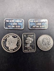 Pan Silver Company 1g .999 Fine Silver Bars (2) & Assorted 1g Bars & US Coins