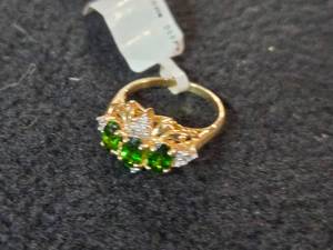3.9-grams (total) 14K Gold Ring with Gemstones (possible Emerald and small Diamonds)