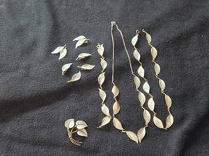 Vintage 77.3-grams (total) Norwegian Sterling Silver with White Guilloche Enamel (1) Bracelet  (2) Necklaces  (3 sets) Clip-on Earrings  (1) Pin
