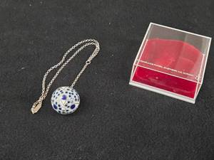 Anne Marie Odegaard 925S Norway Sterling Silver Necklace with Porcelain Porsgrund Gold Cobalt 20"
