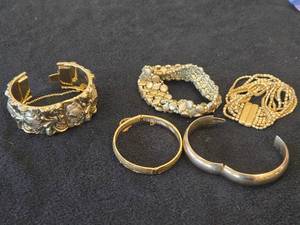 Lot of (5) Gold-tone Bracelets - Magnetic Clasp, Stretch Fit,  (3) Hinged Clasp
