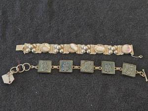 Vintage 58-grams (total) Taxco Sterling Silver Link Bracelet with Abalone Shell Inlays and Safety Chain 7-12  Sterling Silver Link Bracelet with Decorative Square Panels 7-12