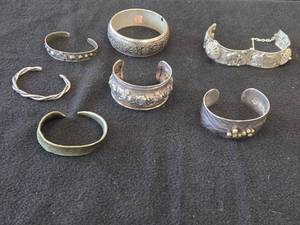 Lot of (7) Bracelets - Silver-tone Cuff Bracelets (x5)  Silver-tone Camel Hamsa Egyptian Metal Hinged Bracelet  Silverplate Bangle Bracelet