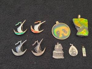 Lot of (9) Jewelry - Pendant (x4), Ship theme Pins (x4), House theme Pin (x1)