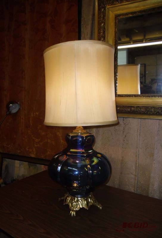 lot 1 image: Mid-Century Large Lamp Iridescent Glass Base & Decorative Gold Framed Mirror