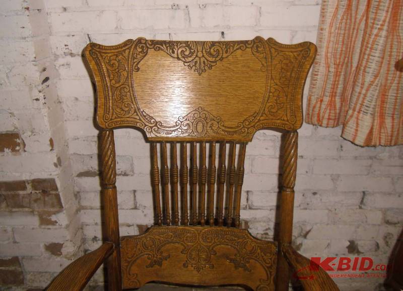 lot 2 image: Traditional Carved Oak Rattan Seat Rocker and Tall Oak Coat Rack