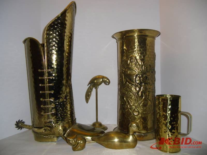 lot 14 image: Brassy Tall Cowboy Boot, Umbrella Stand, Duck, Parrot and Cat