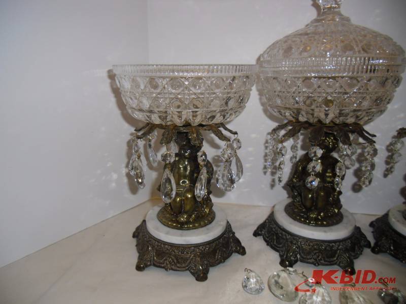 lot 16 image: Cherubs - Solid Brass with Crystal Prisms Candy Dishes and Candle Holders