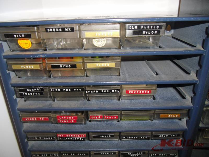 lot 28 image: Hand-Tied Fly Fishing Ties Plus & Feathers Fur Material in 2 Storage Containers