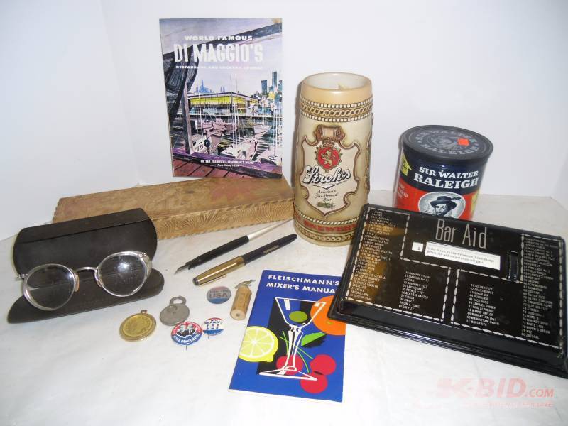 lot 41 image: Politics  LBJ Campaign Pins, Joe DiMaggiios Restaurant Menu, Wood Burnt Tie Box, Fountain Pen, Barware