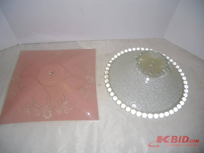 lot 31 image: 2 Glass Ceiling Light Covers  - Beaded Candlewick & Pastel Pink Square