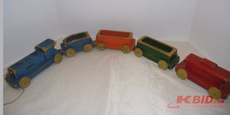 lot 36 image: Old Wooden Childrens Toys - Train, Blocks, Push  Pull Toys