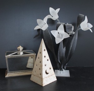 Party Lite Candle Lantern, Mirrored Box & Floral Sculpture