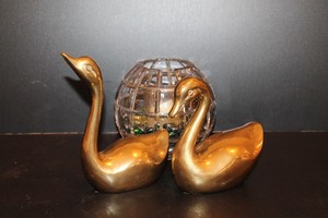 Brass Swan Figurines & Crystal Candle Holder