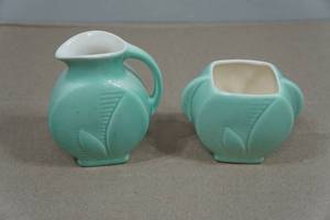 Antique Red Wing Pottery Fondoso Art Deco Mint Green Creamer and Sugar Set