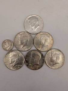 Lot Of 6 1964 Kennedy Halves And 1 90% Silver Dime