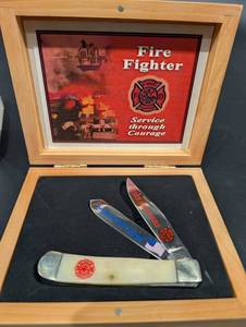 Fire Fighter Service Through Courage Commemorative Knife Set in Wood Case