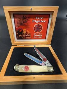 Fire Fighter Service Through Courage Cutlery Knife & Wooden Display Case
