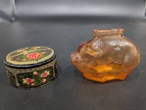 Amber Glass Bottle and Hand Painted Tin Containers