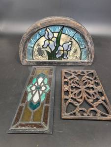 Stained Glass Panel Set - Iris Floral Arch Panel with Wood Frame and Iron Grille (Lot of 4)
