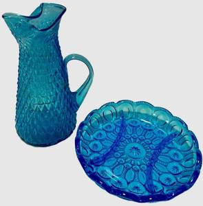 L.E. Smith Divided Dish & Empoli Vintage Glass Decanter