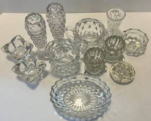 Assorted 12 piece Crystal Diamond-Cut Glassware Collection - Vases, Candle Holder, Bowls, Sugar & Creamer including Fostoria