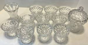 Assorted Crystal Diamond-Cut Glassware Set with Vase, Lidded Compote & Coupe Glasses including Fostoria
