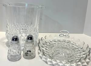 Diamond-Cut Glass Ice Bucket, Serving Dish with Salt & Pepper Shakers