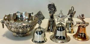 Silver Holiday Bell Set & Ornate Bowl, Angel, Santa & Reindeer Motifs