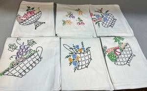 Embroidered Tea Towels - Fruit Basket Motifs - Set of 6