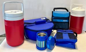 Pyrex Portables Lunch Set - Red Thermoses, Blue Carry Bags & Accessories