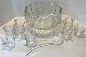 Glass Punch Bowl with Cups & Ladle - Cut-Glass Starburst Pattern