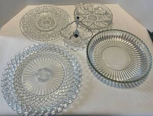 Crystal Clear Cut Glass Platters & Bowl - Starburst Pattern - Assorted Sizes