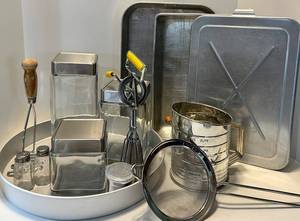 Vintage Stainless Steel Kitchen Pans & Accessories - Lids, Strainer, Salt Shakers