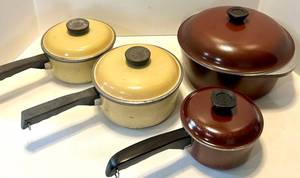 Enamel Club Cookware Set with Lids - Cream & Brown Pots, Vintage Kitchenware