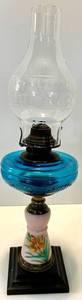 Vintage Blue Glass Oil Lamp & Floral Painted Ceramic Base