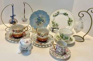 Royal Albert Bone China Cups & Plates Assortment with Figural Frog and Ornaments