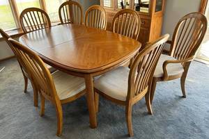 Oak Dining Table Set with 8 Slat-Back Chairs