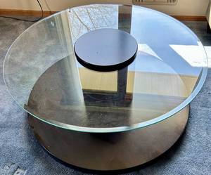 Round Glass Coffee Table - Dark Wood Finish Center Pedestal