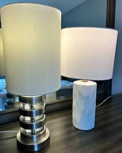 White & Silver Table Lamp Pair with Fabric Drum Shades