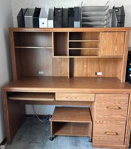 Oak Office Desk with Hutch & File Cabinet - Open Shelves & Drawers, on Casters and Desk Organizers