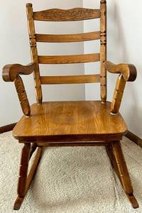 Carved Oak Rocking Chair - Leaf Motif Back, Solid Wood