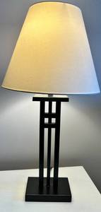 Black Metal Table Lamp with Geometric Frame & White Fabric Shade