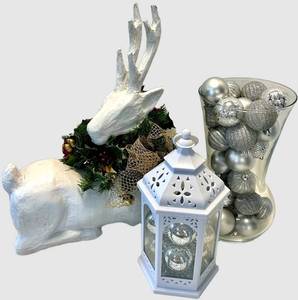 Christmas Decor including Deer,  Lantern & Ornament Display Container